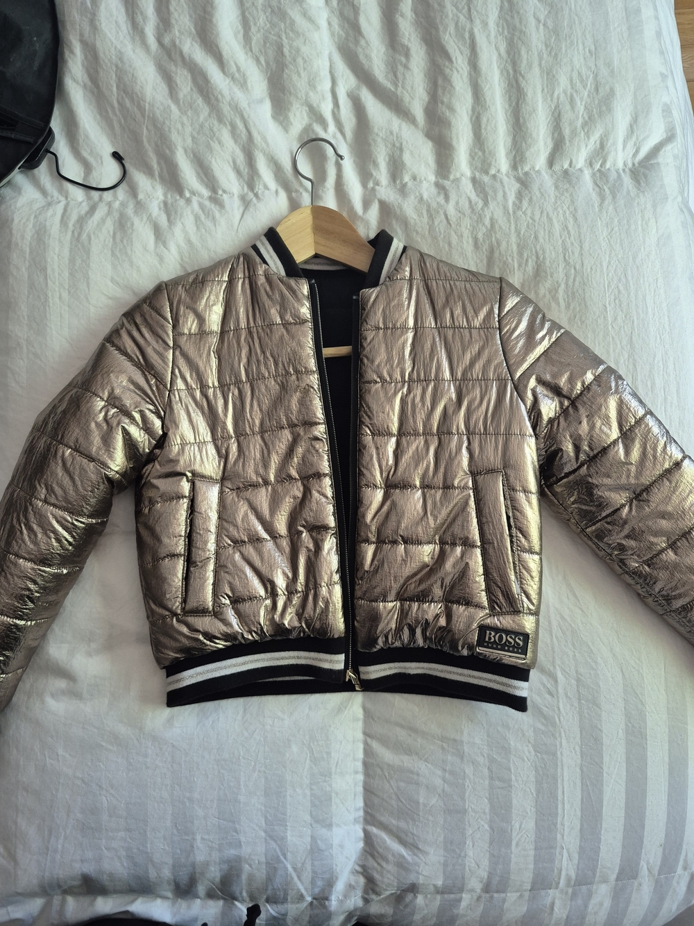 BOSS Metallic Puffer Reversible Bomber Jacket in Gold